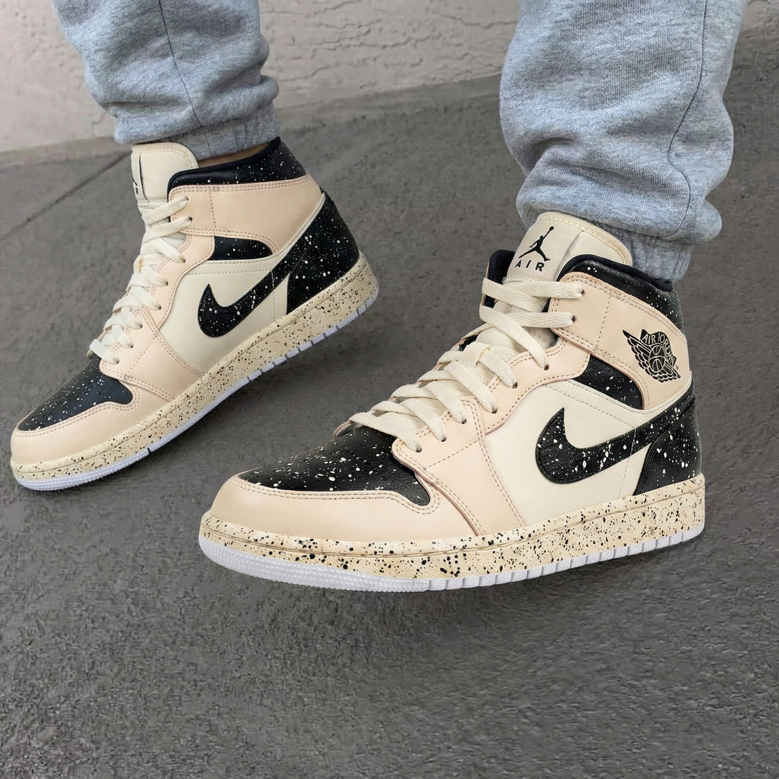 Custom AJ 1s Shoes Speckle Pattern Black Beige