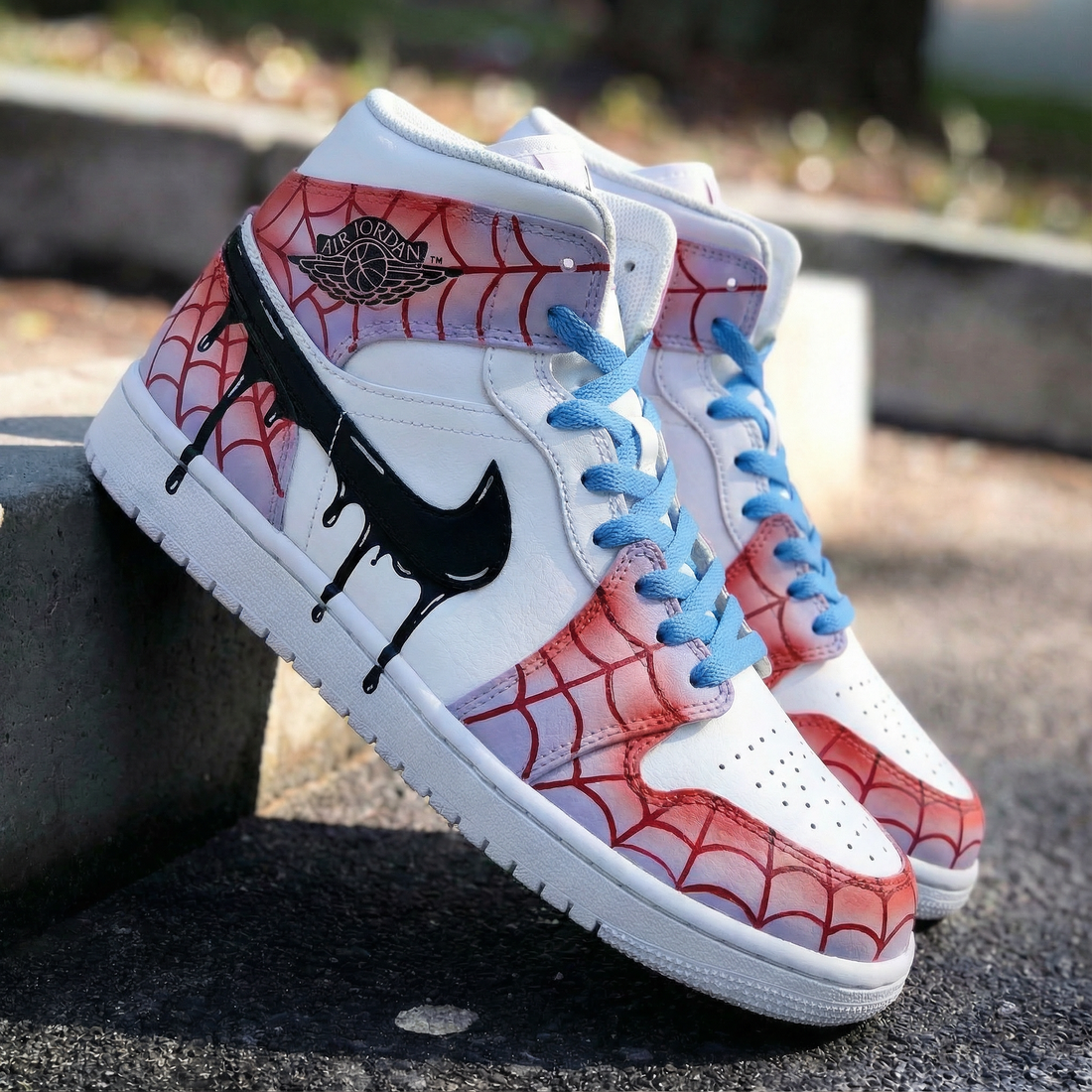 Custom AJ 1s Shoes Spider Web Pattern Blue and Black