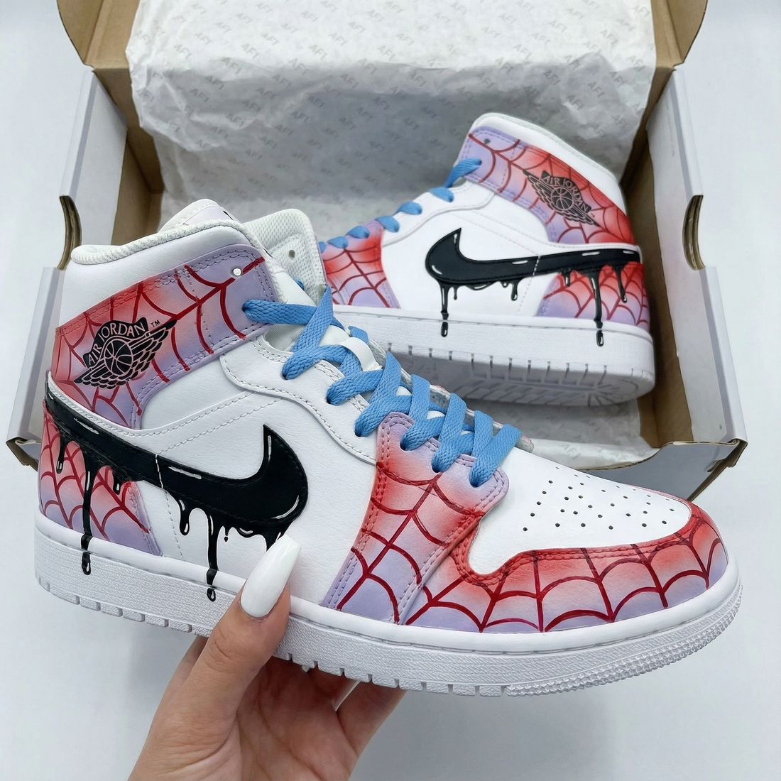 Custom AJ 1s Shoes Spider Web Pattern Blue and Black