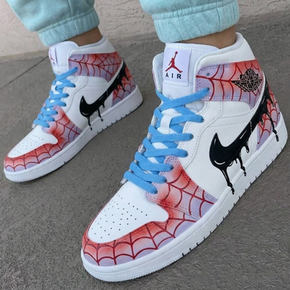 Custom AJ 1s Shoes Spider Web Pattern Blue and Black
