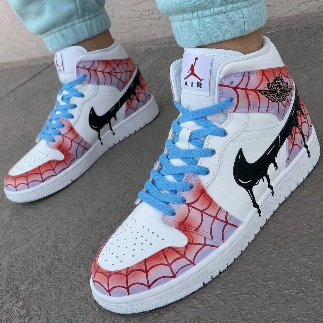 Custom AJ 1s Shoes Spider Web Pattern Blue and Black