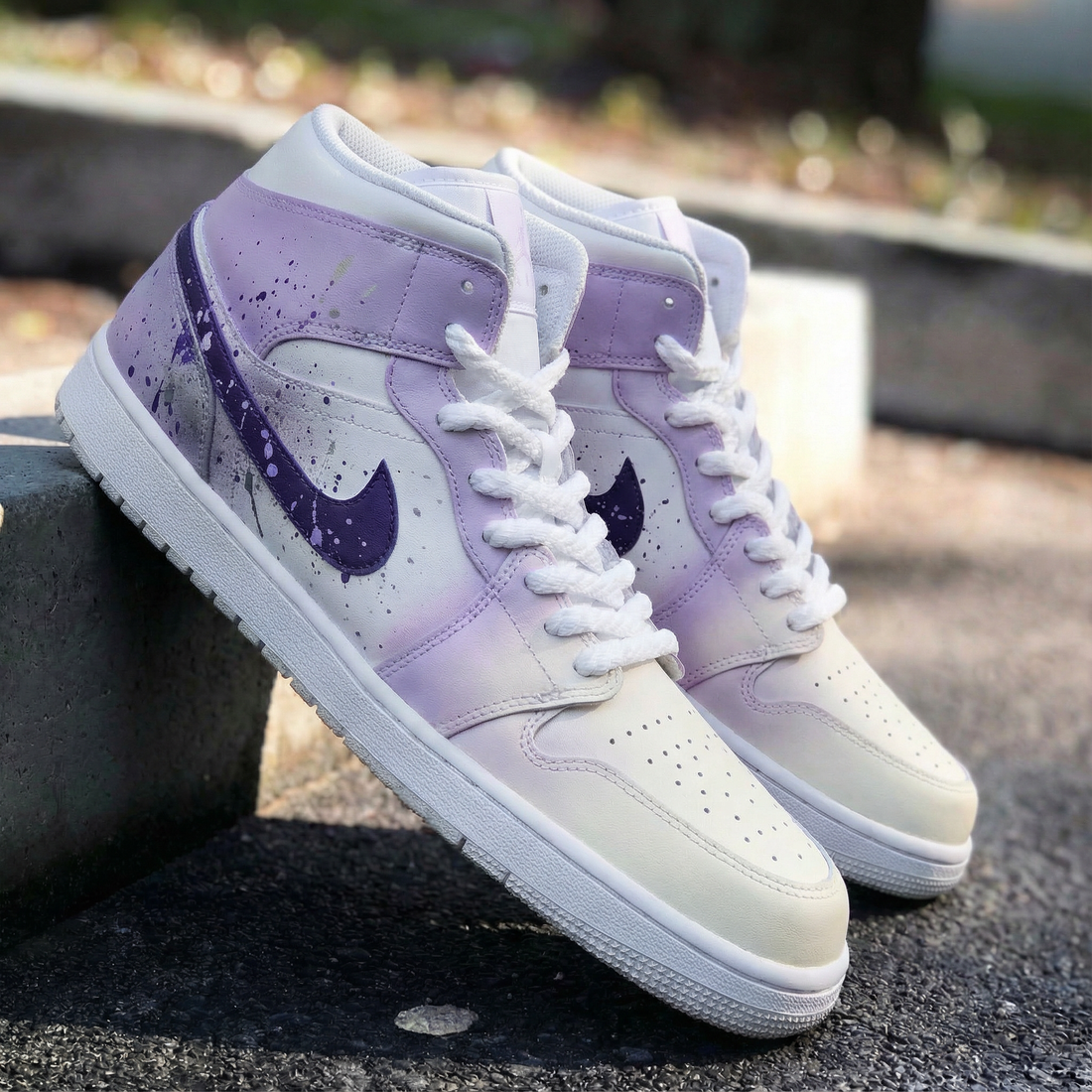 Custom AJ 1s Shoes Splash Pattern Baby Purple White