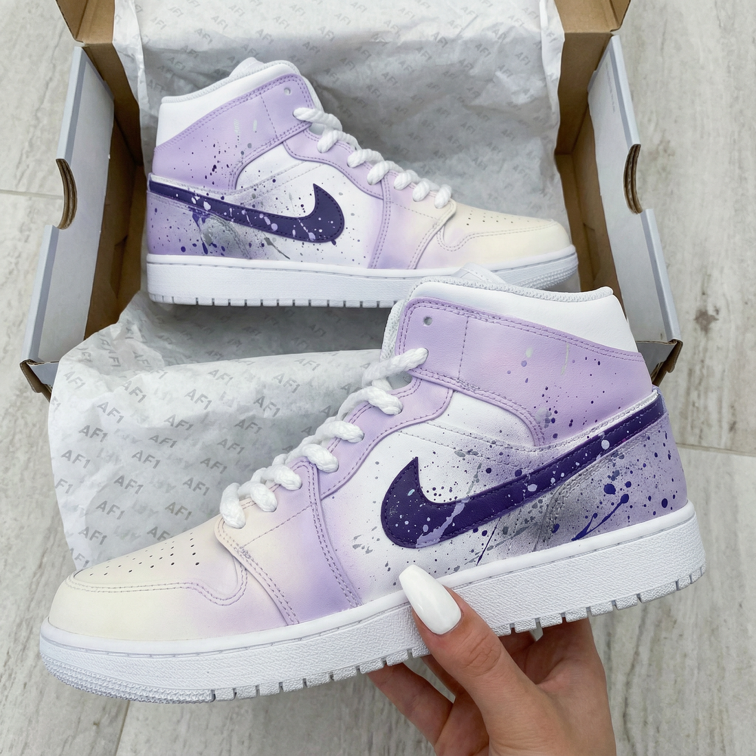 Custom AJ 1s Shoes Splash Pattern Baby Purple White