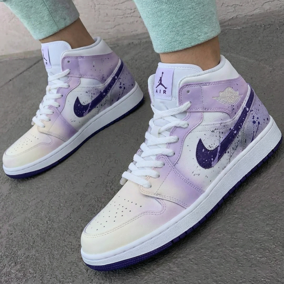 Custom AJ 1s Shoes Splash Pattern Baby Purple White