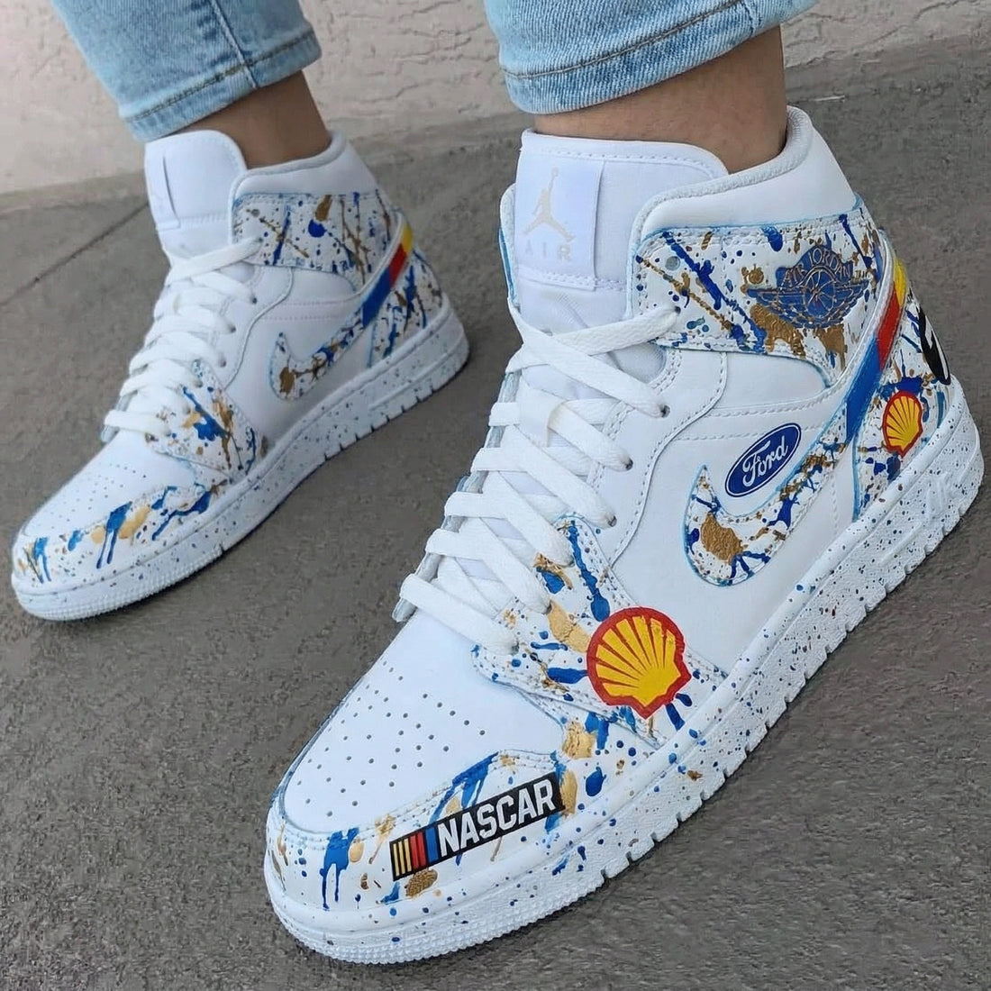 Custom AJ 1s Shoes Splash Pattern Blue Gold
