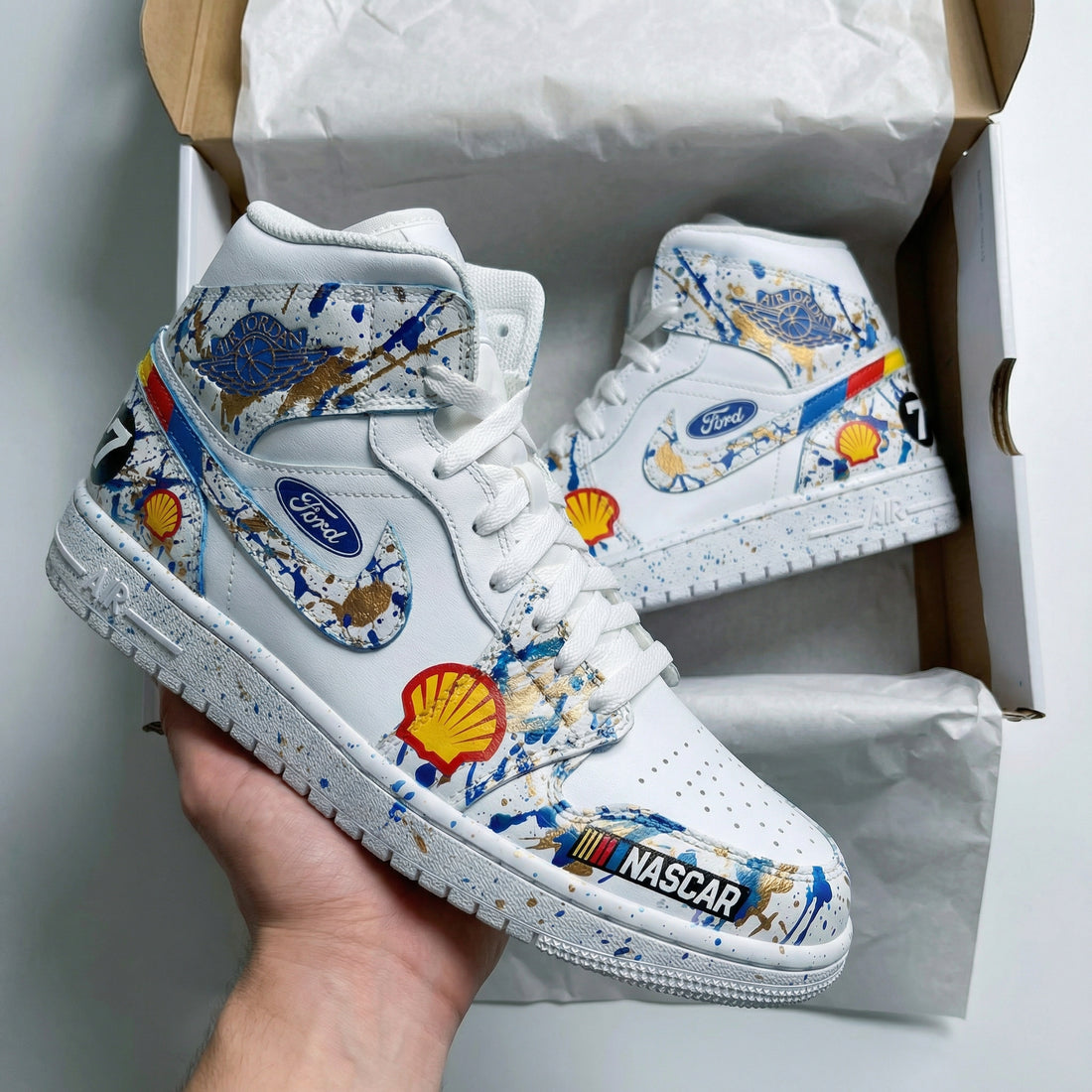 Custom AJ 1s Shoes Splash Pattern Blue Gold
