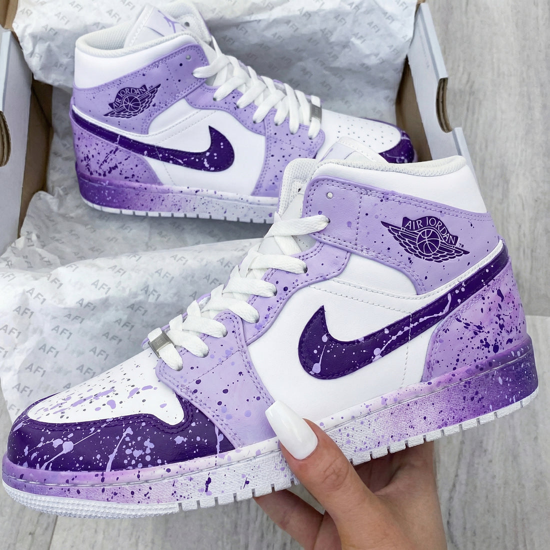 Custom AJ 1s Shoes Splatter Design White and Lilac