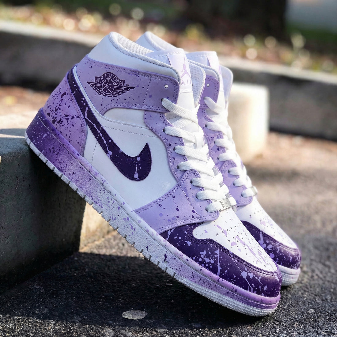 Custom AJ 1s Shoes Splatter Design White and Lilac