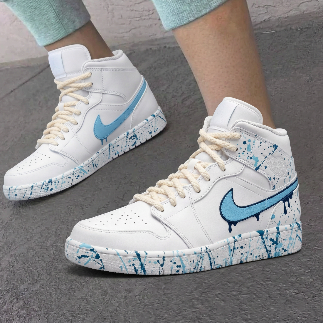 Custom AJ 1s Shoes Splatter Drip Baby Blue Dark Blue
