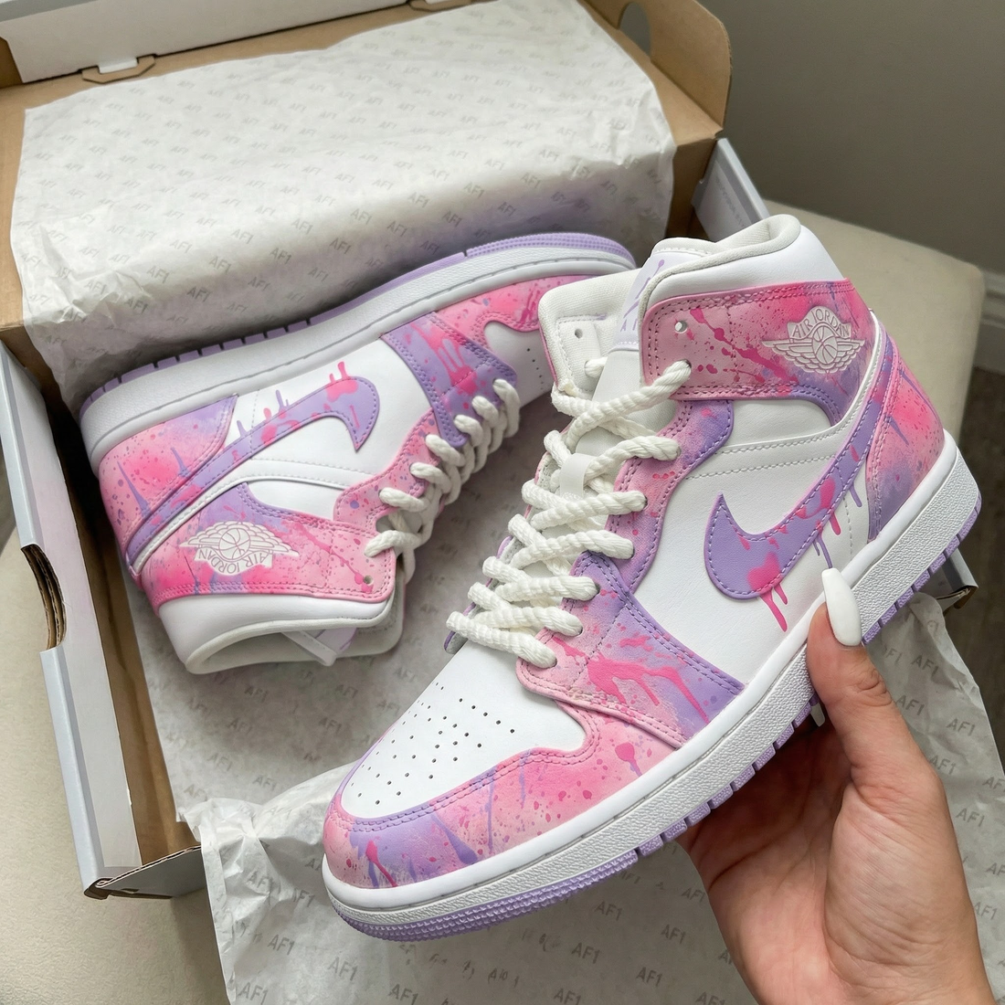 Custom AJ 1s Shoes Splatter Paint Baby Pink and Lavender