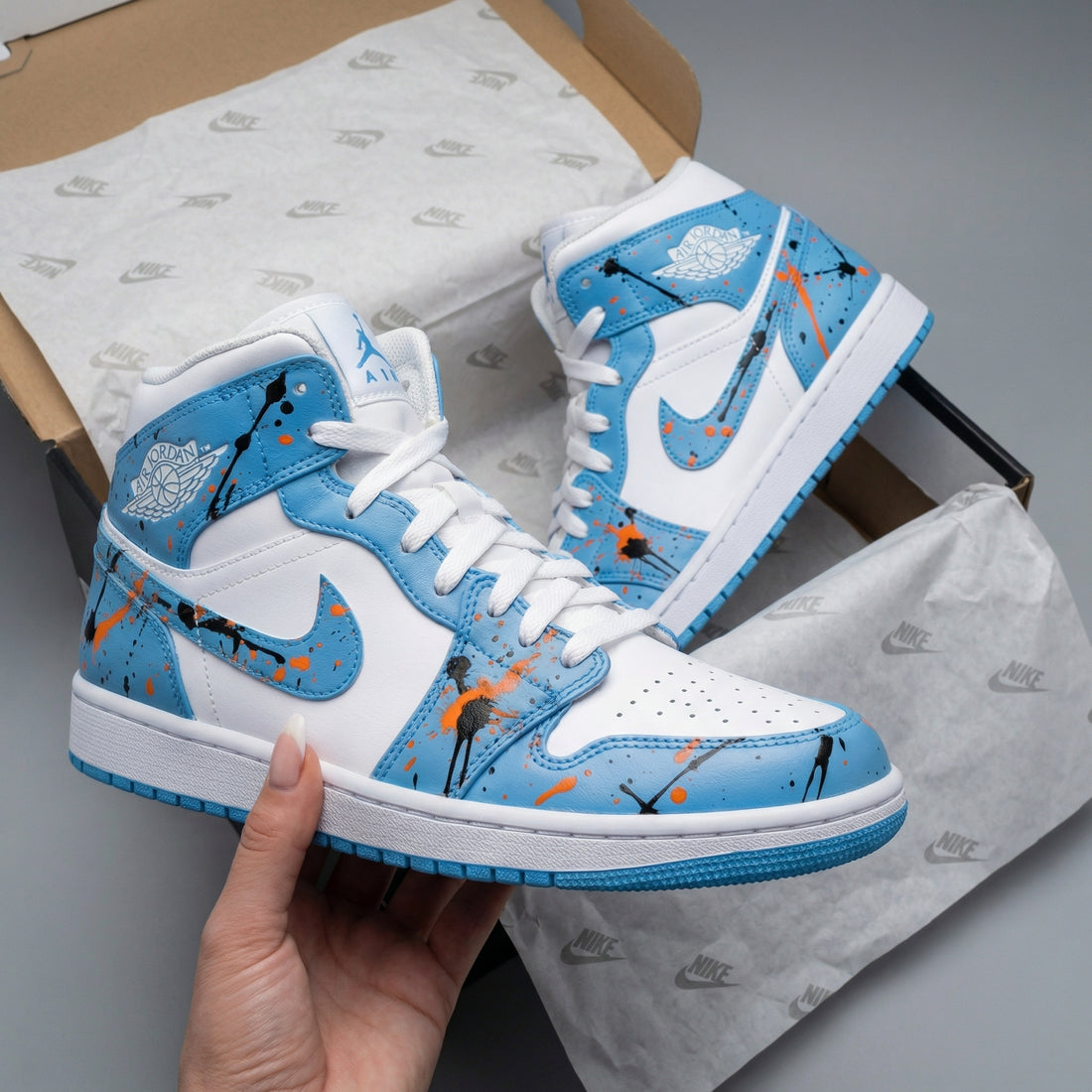 Custom AJ 1s Shoes Splatter Paint Dark Blue