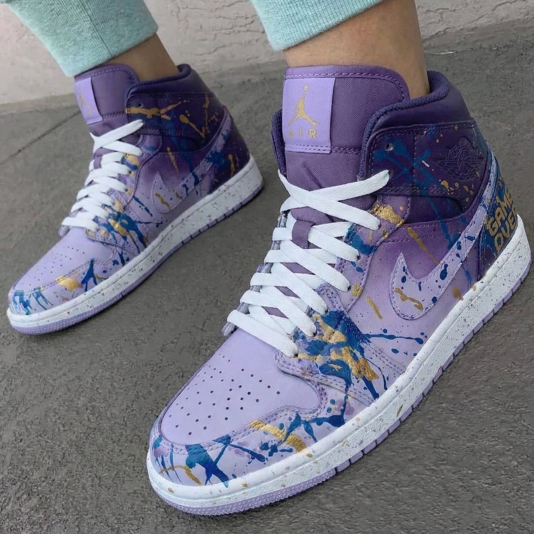 Custom AJ 1s Shoes Splatter Paint Design Baby Purple Blue Gold