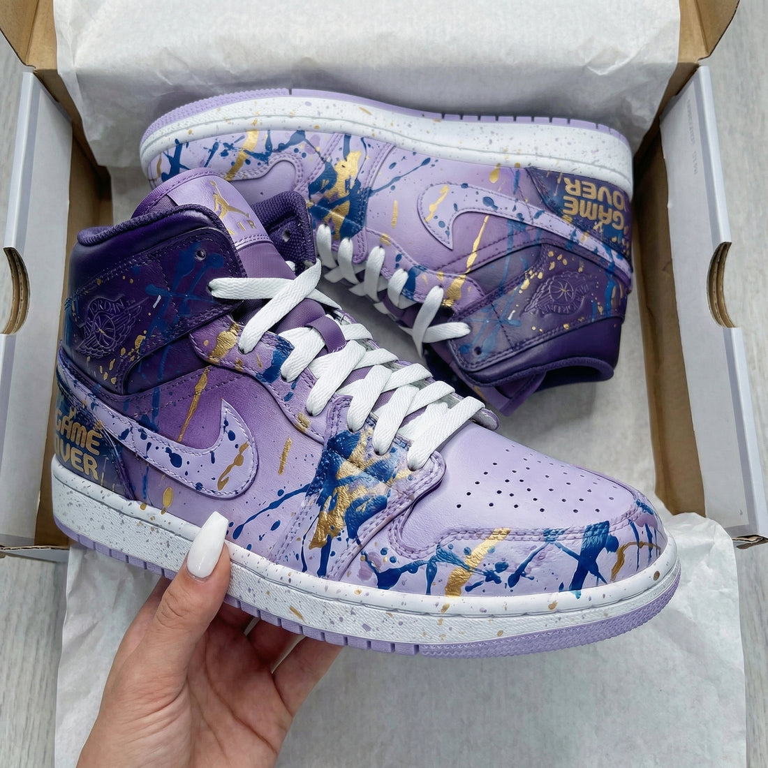 Custom AJ 1s Shoes Splatter Paint Design Baby Purple Blue Gold