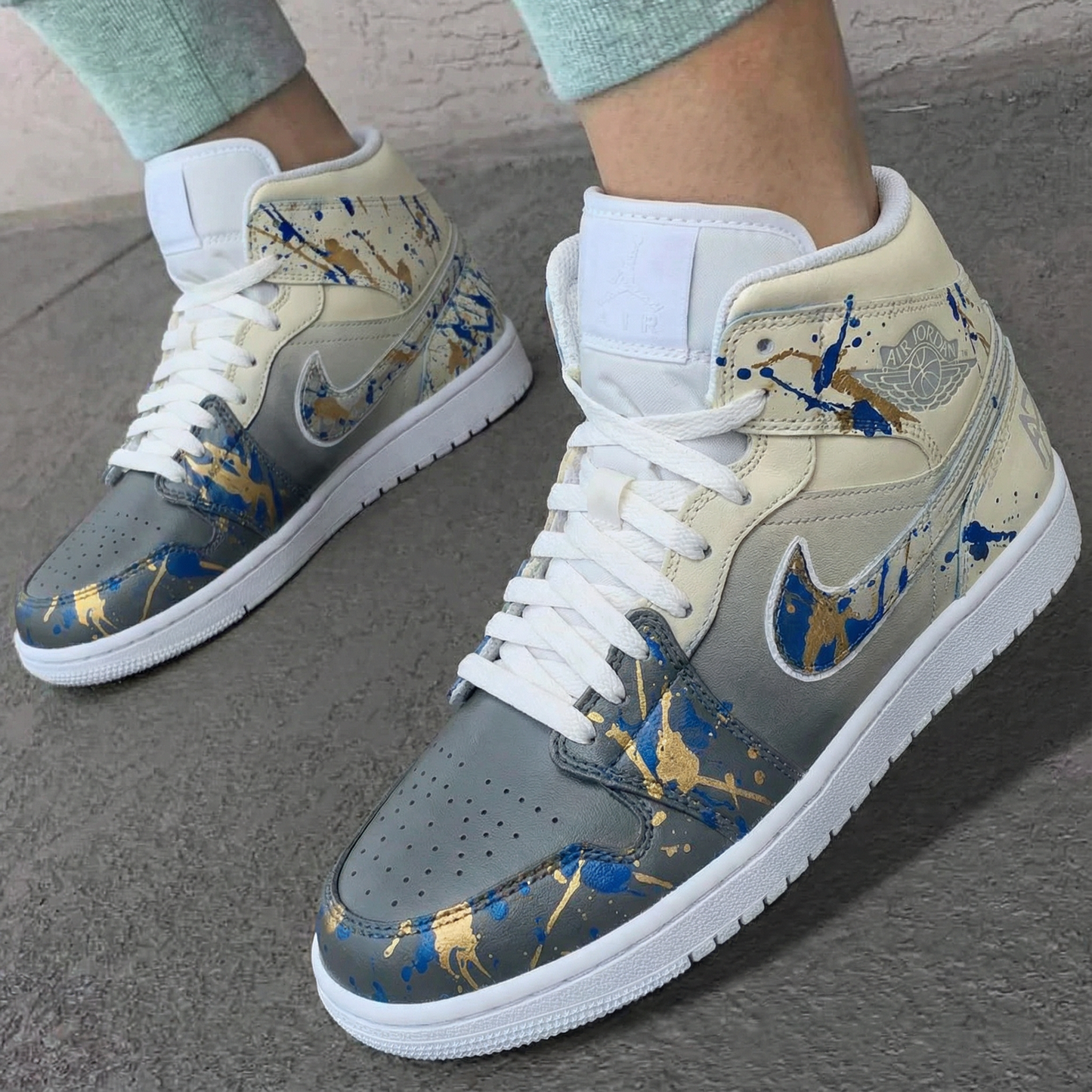 Custom AJ 1s Shoes Splatter Paint Grey Beige