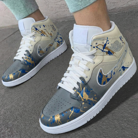 Custom AJ 1s Shoes Splatter Paint Grey Beige