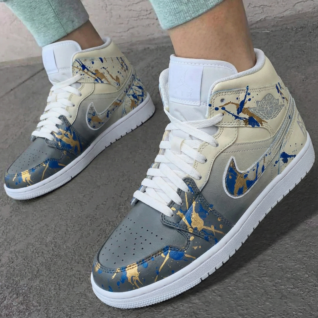 Custom AJ 1s Shoes Splatter Paint Grey Beige