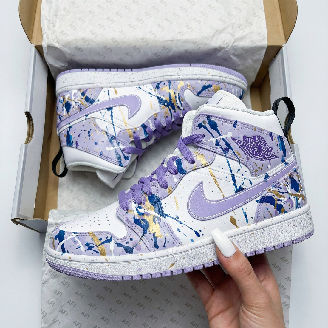 Custom AJ 1s Shoes Splatter Pattern Baby Purple Blue Gold