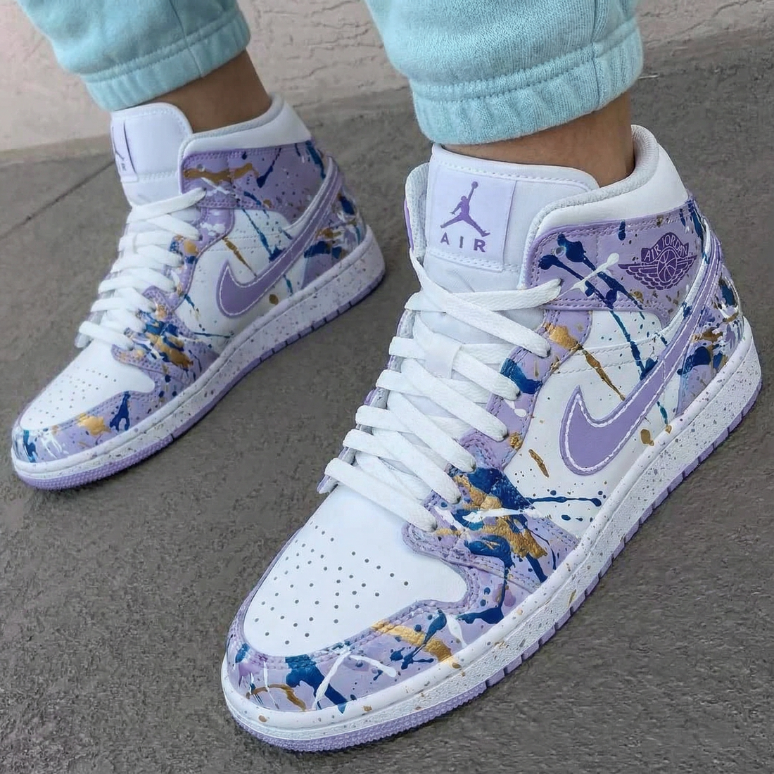 Custom AJ 1s Shoes Splatter Pattern Baby Purple Blue Gold