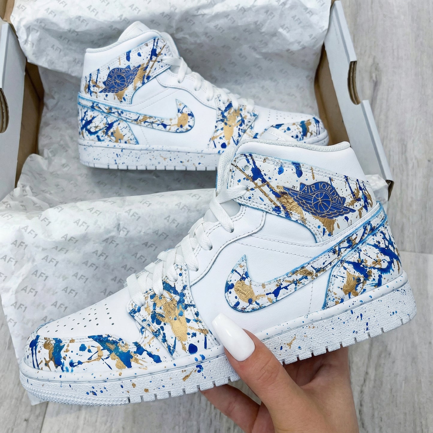 Custom AJ 1s Shoes Splatter Pattern Blue Gold