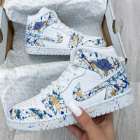 Custom AJ 1s Shoes Splatter Pattern Blue Gold
