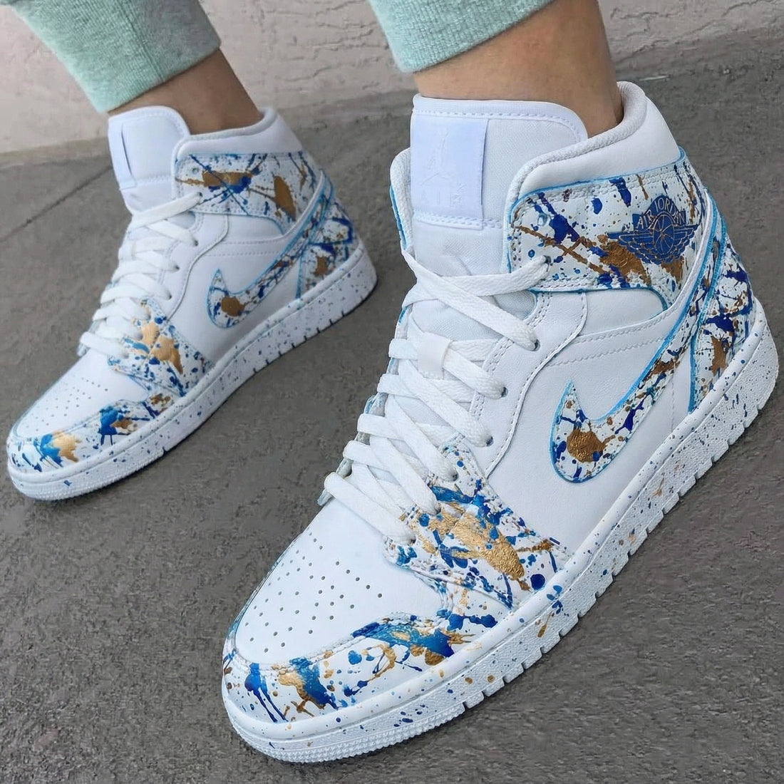 Custom AJ 1s Shoes Splatter Pattern Blue Gold
