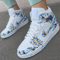 Custom AJ 1s Shoes Splatter Pattern Blue Gold