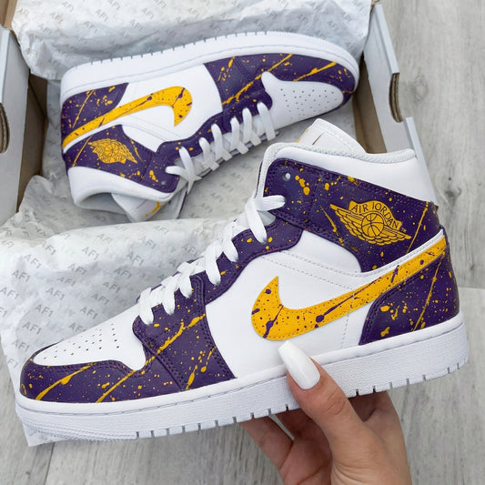 Custom AJ 1s Shoes Splatter Pattern Purple Yellow