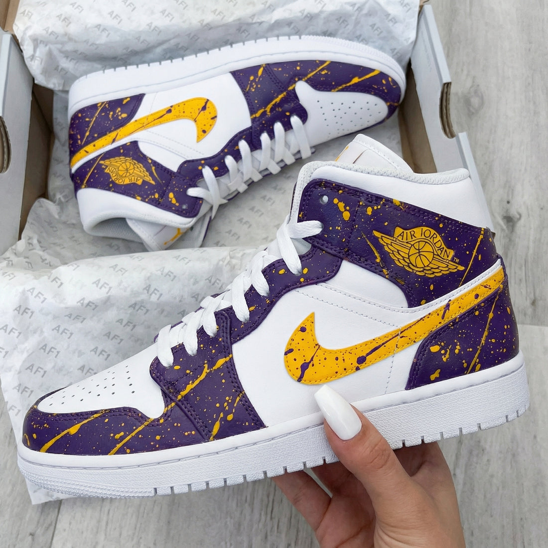 Custom AJ 1s Shoes Splatter Pattern Purple Yellow