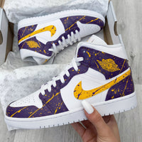Custom AJ 1s Shoes Splatter Pattern Purple Yellow