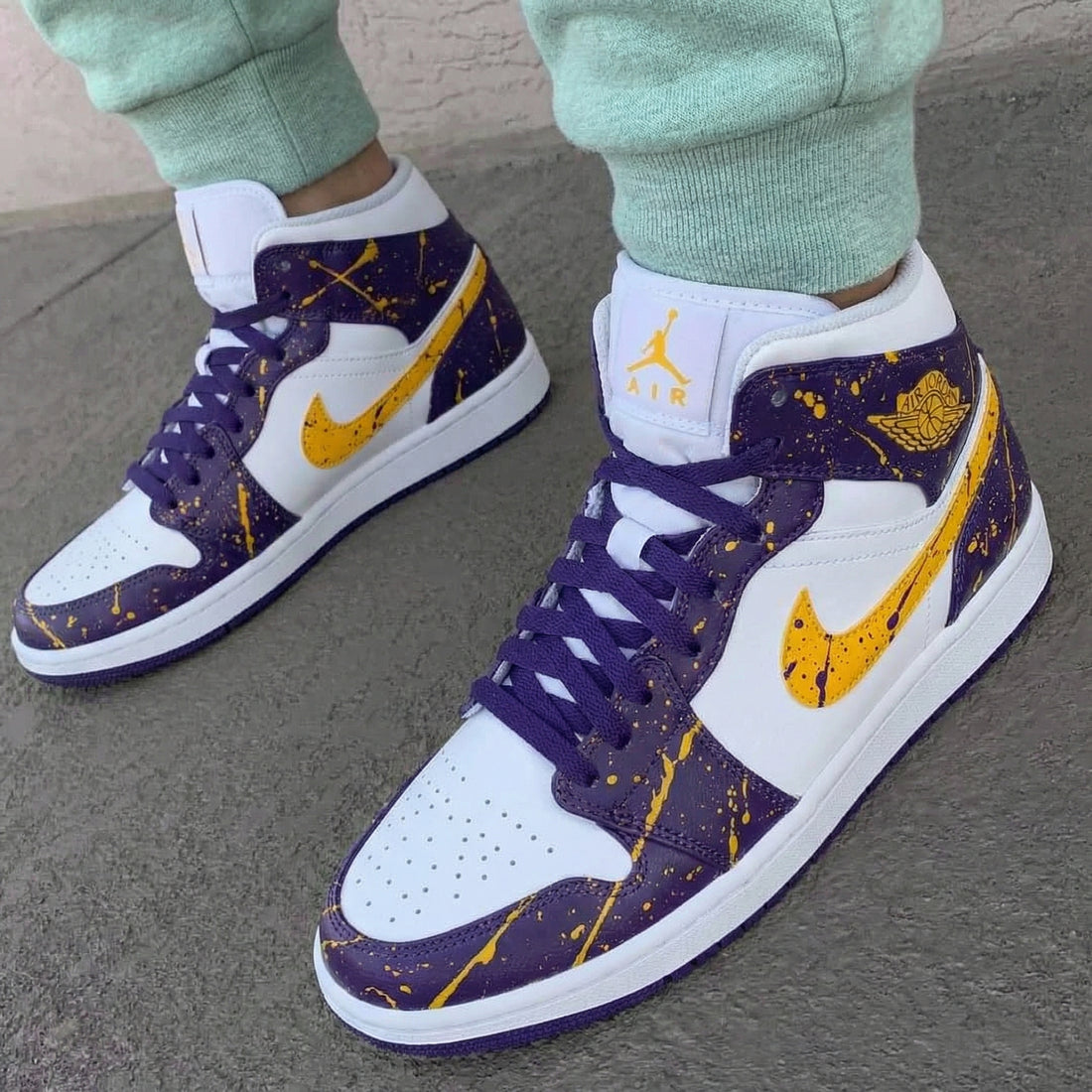 Custom AJ 1s Shoes Splatter Pattern Purple Yellow
