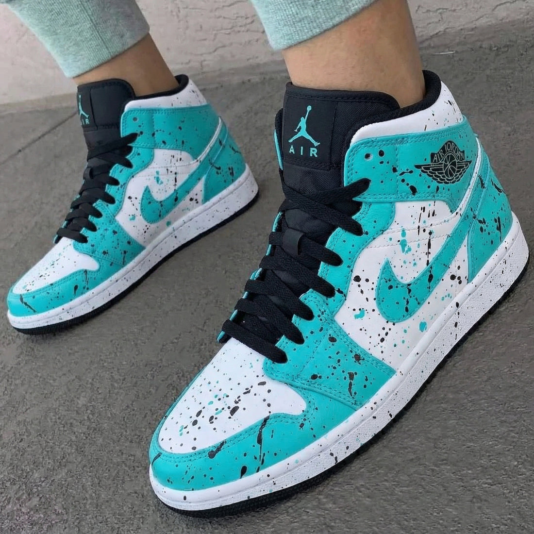 Custom AJ 1s Shoes Splatter Teal Black and White