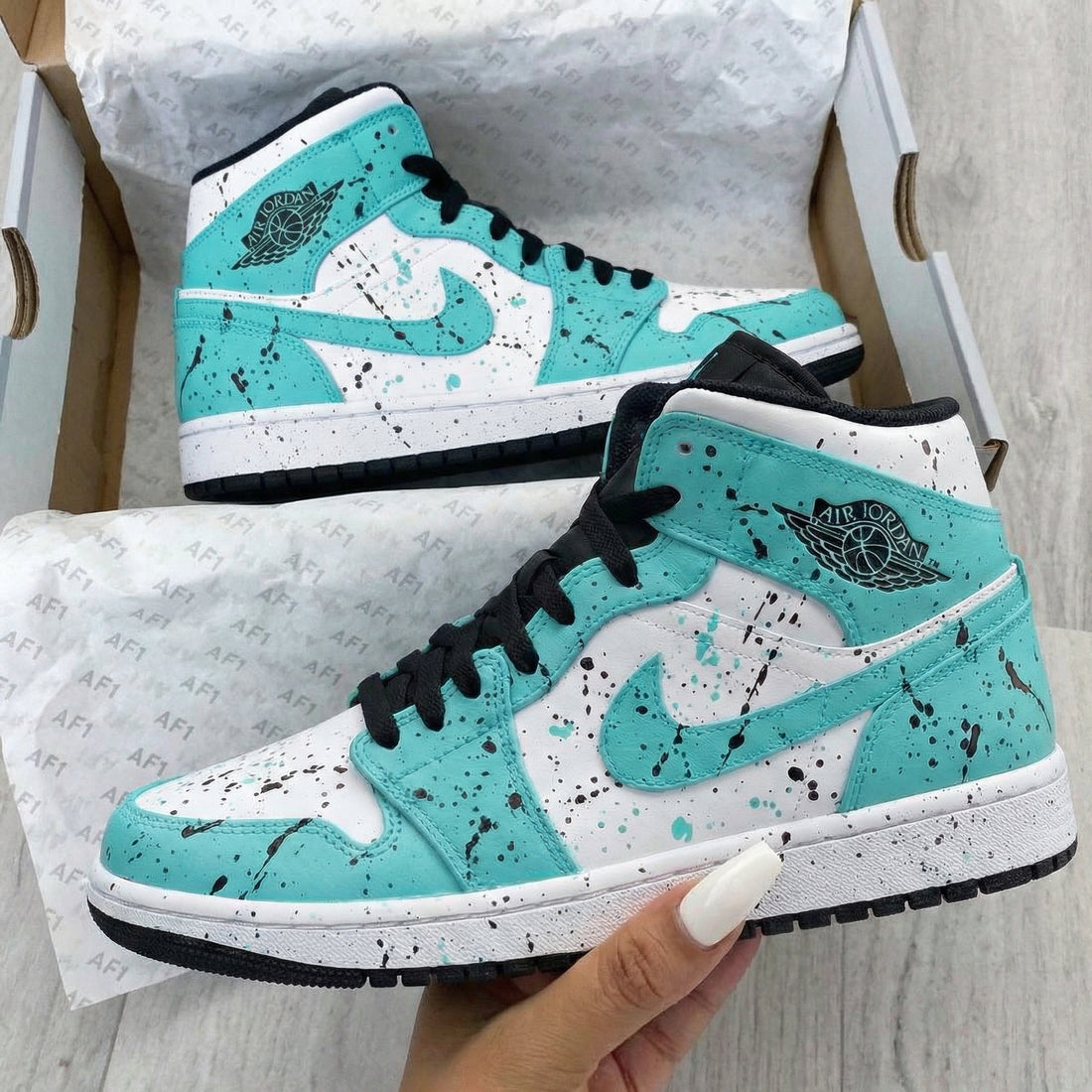 Custom AJ 1s Shoes Splatter Teal Black and White