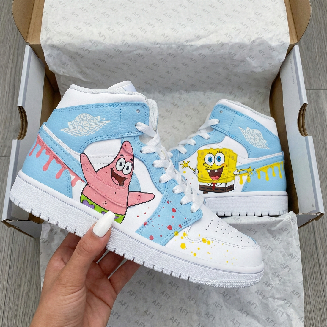 Custom AJ 1s Shoes Spongebob And Patrick Star Cartoon Baby Blue Pink Yellow