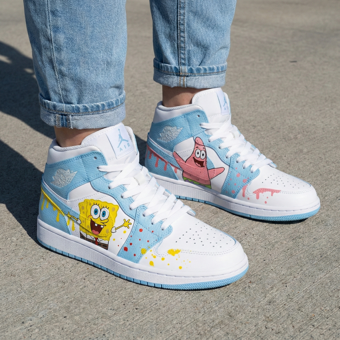 Custom AJ 1s Shoes Spongebob And Patrick Star Cartoon Baby Blue Pink Yellow