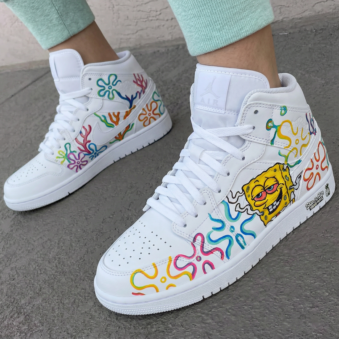 Custom AJ 1s Shoes SpongeBob Colorful Flowers Multicolor