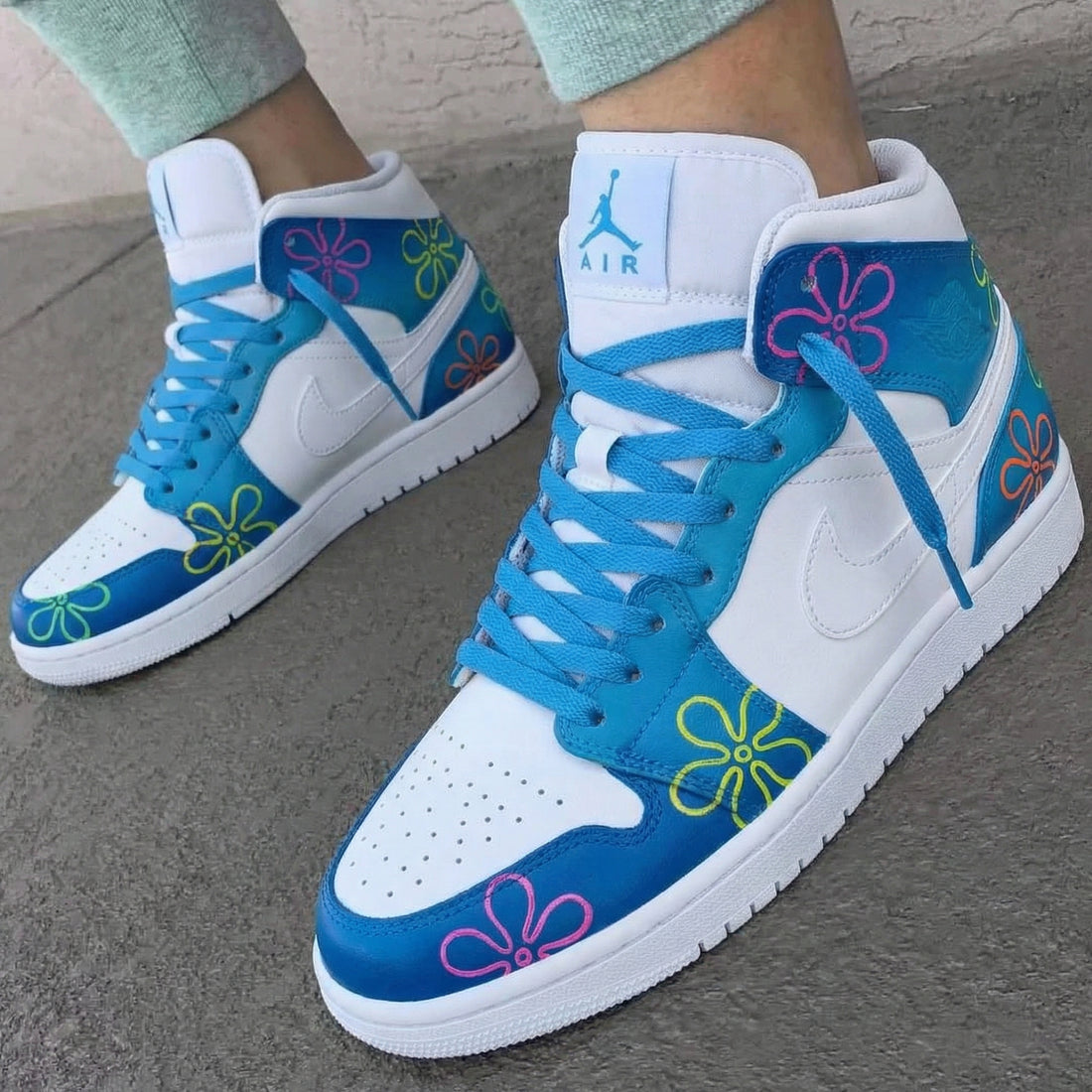 Custom AJ 1s Shoes SpongeBob Flowers Blue Pink Yellow Orange