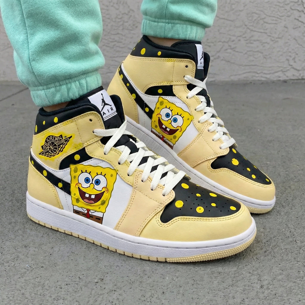 Custom AJ 1s Shoes SpongeBob SquarePants Design Yellow Black