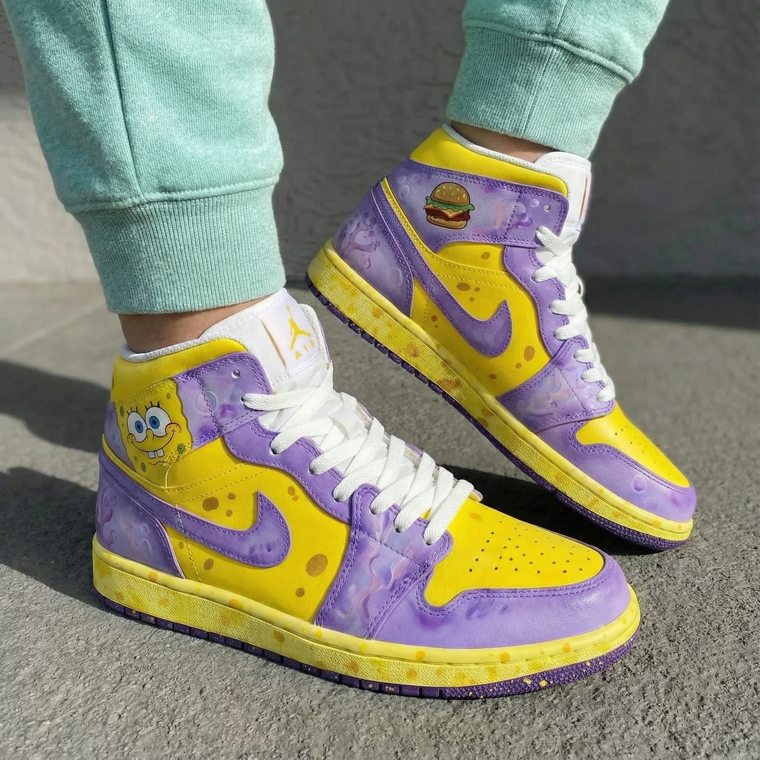 Custom AJ 1s Shoes SpongeBob SquarePants Design Yellow Purple