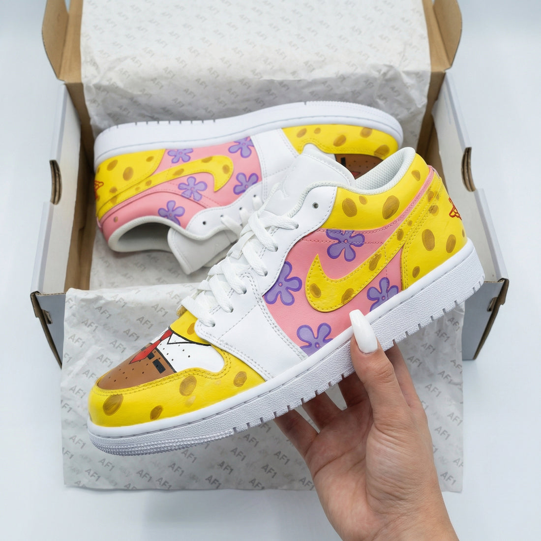 Custom AJ 1s Shoes SpongeBob Themed Purple Flowers Yellow Baby Pink