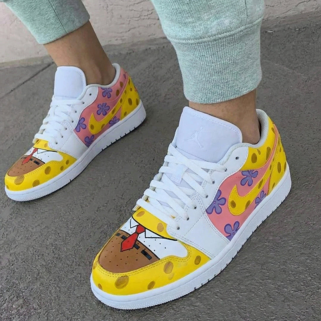 Custom AJ 1s Shoes SpongeBob Themed Purple Flowers Yellow Baby Pink