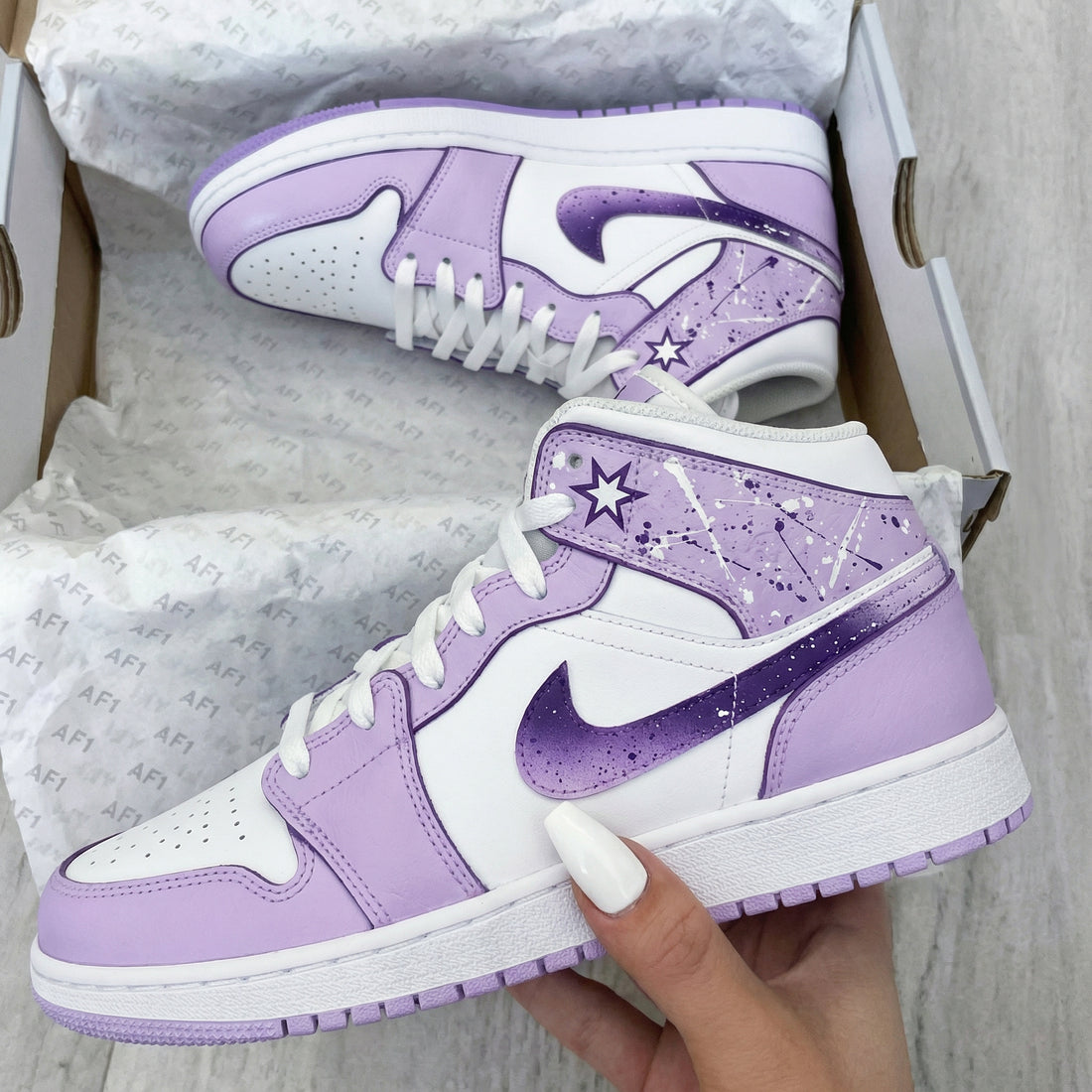 Custom AJ 1s Shoes Star Splash Pattern Baby Purple White