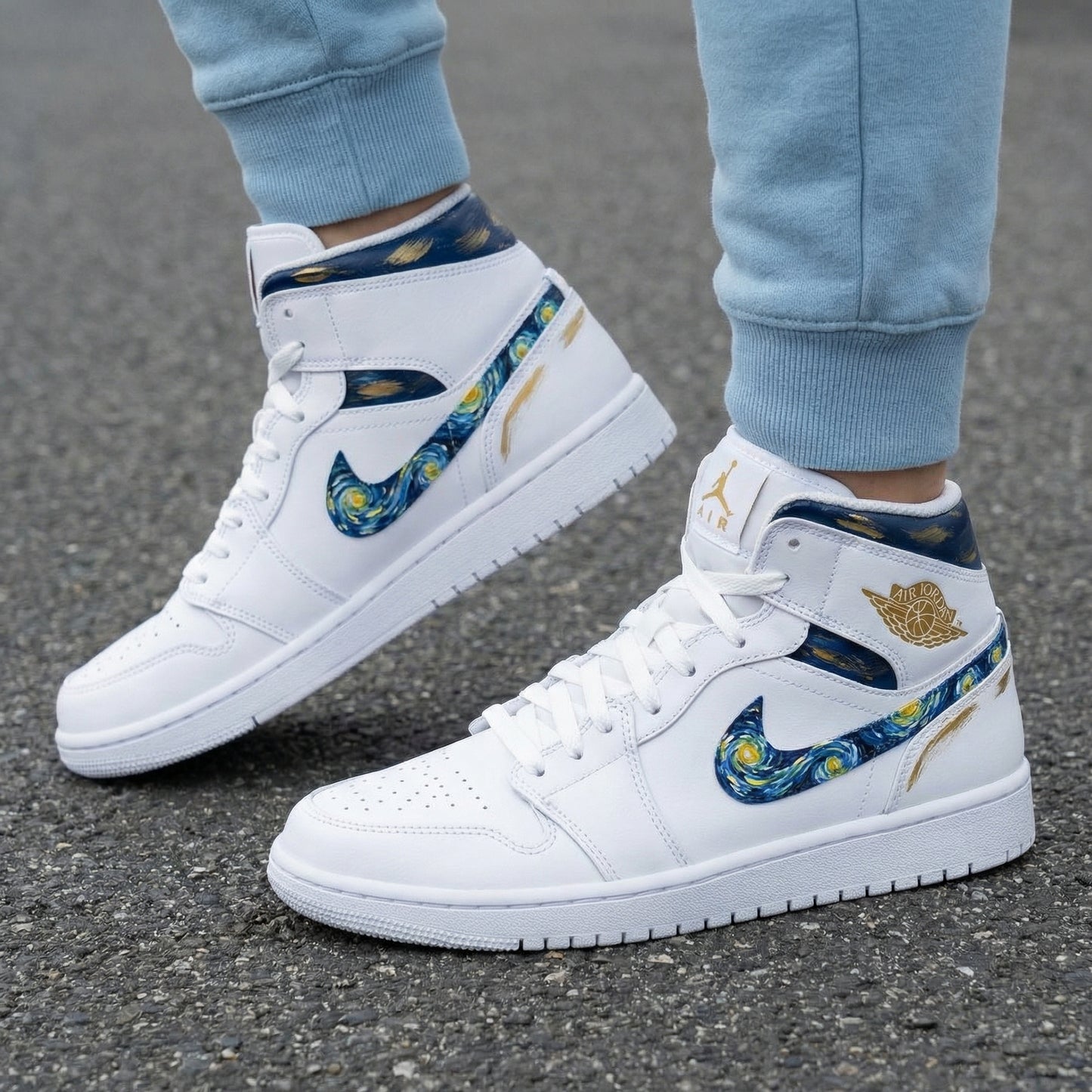 Custom AJ 1s Shoes Starry Night Pattern Blue Gold