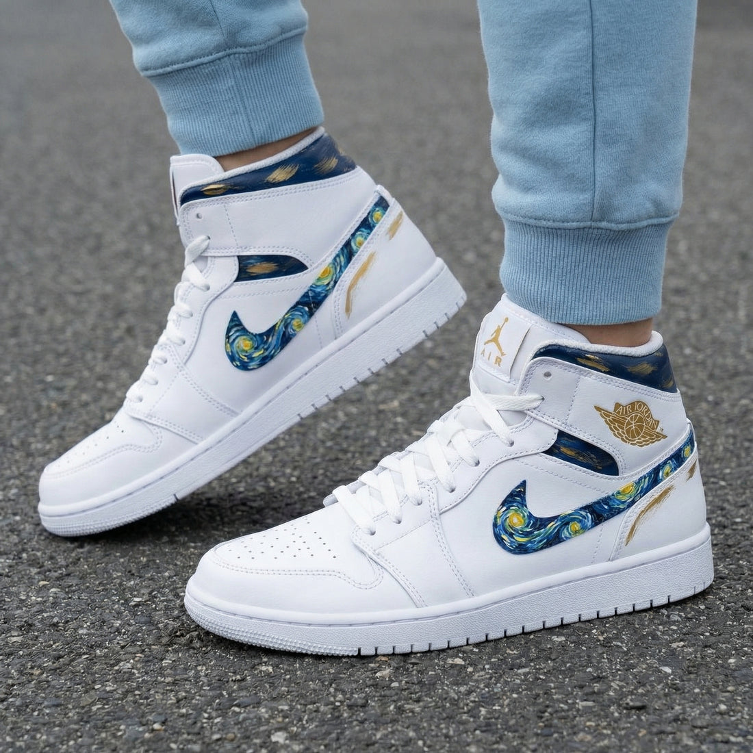 Custom AJ 1s Shoes Starry Night Pattern Blue Gold