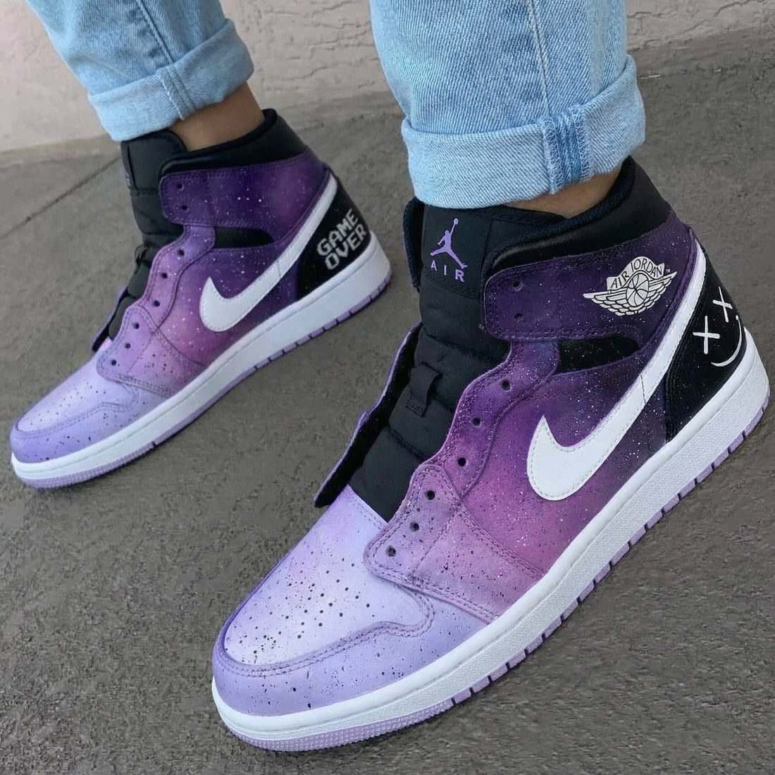 Custom AJ 1s Shoes Starry Sky Pattern Black Purple