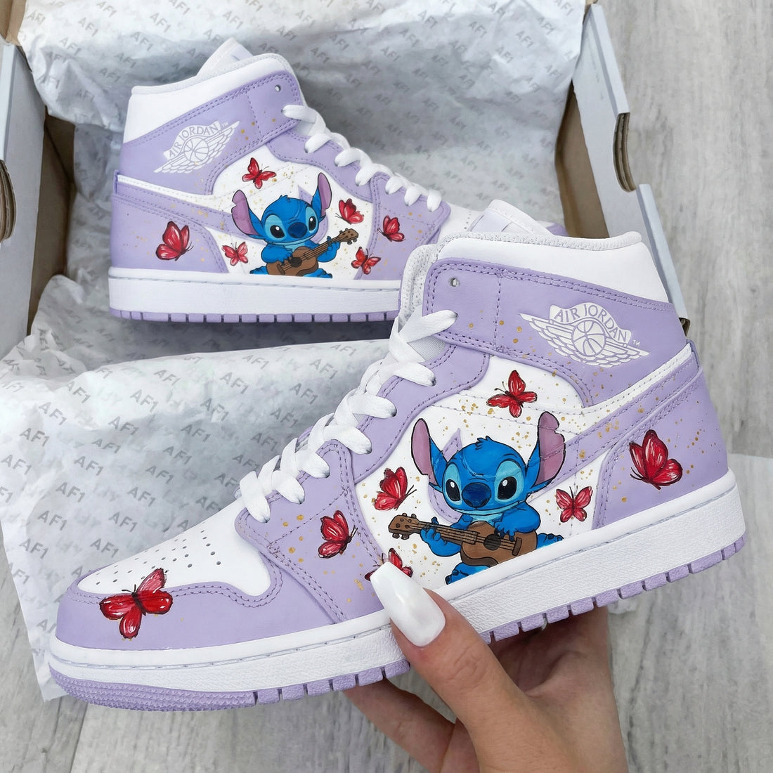 Custom AJ 1s Shoes Stitch Butterflies Design Baby Purple White