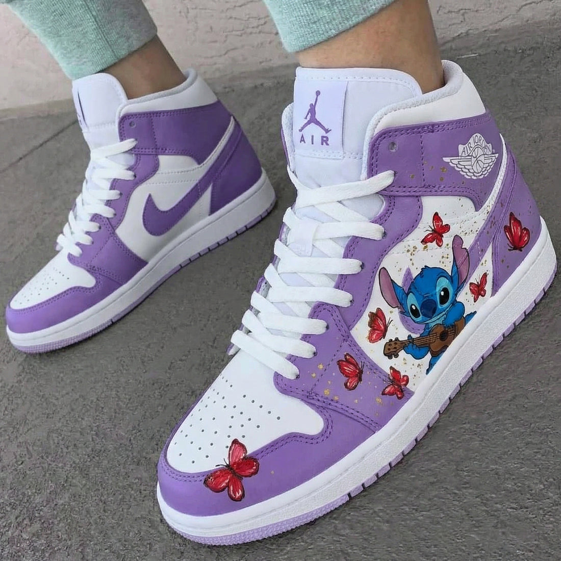Custom AJ 1s Shoes Stitch Butterflies Design Baby Purple White