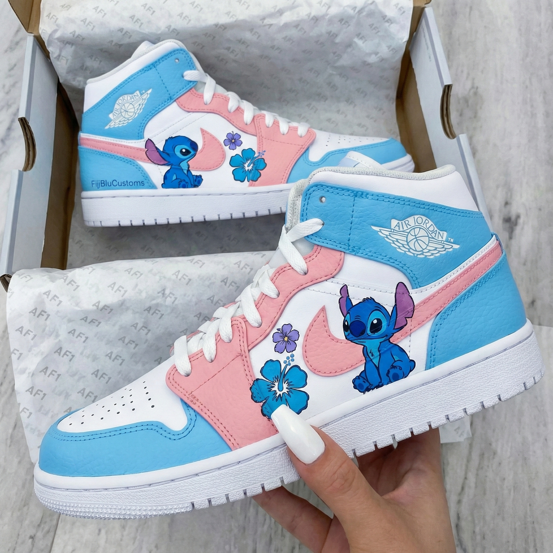 Custom AJ 1s Shoes Stitch Flowers Baby Blue Pink