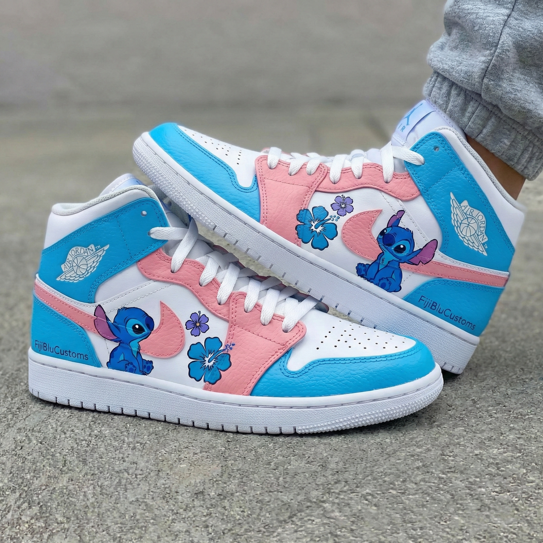 Custom AJ 1s Shoes Stitch Flowers Baby Blue Pink
