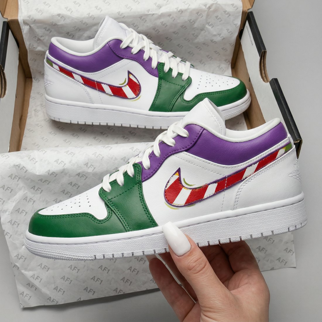 Custom AJ 1s Shoes Striped Swoosh Green Purple