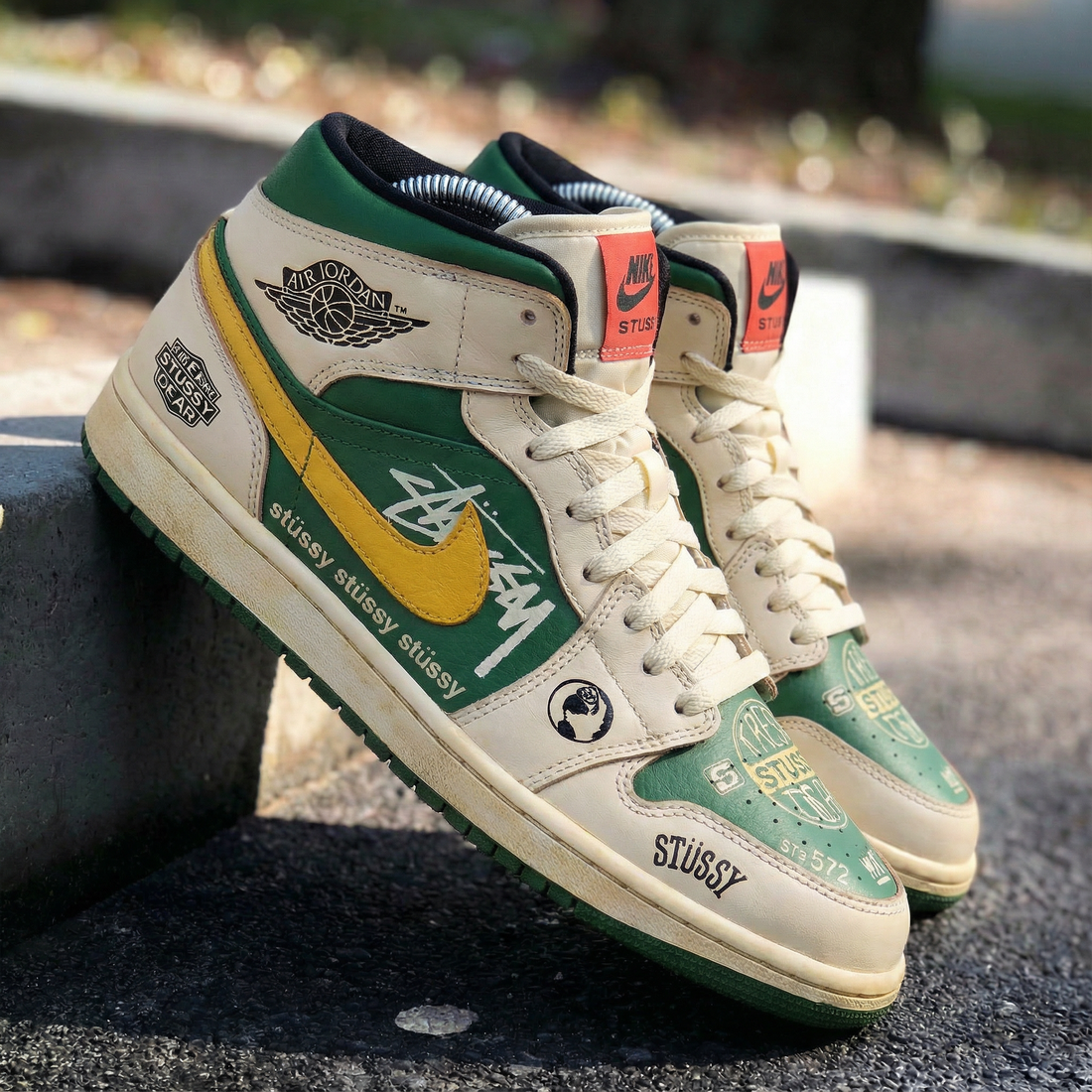 Custom AJ 1s Shoes Stussy Logo Green Yellow